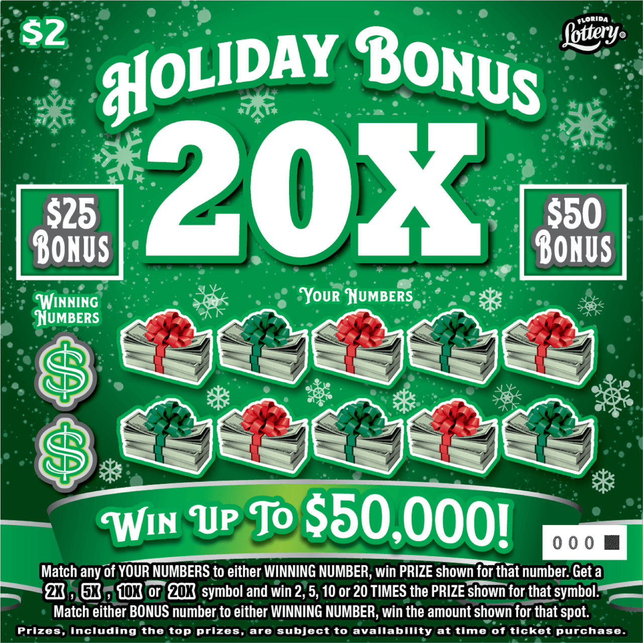 HOLIDAY BONUS 20X scratch-off from Florida Lottery