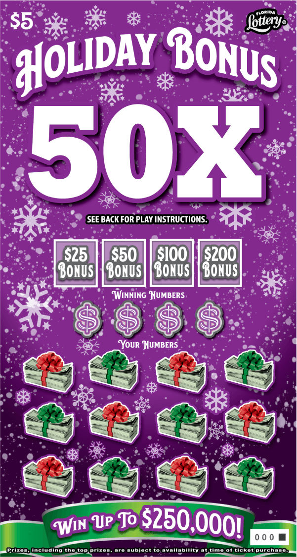 HOLIDAY BONUS 50X scratch-off from Florida Lottery