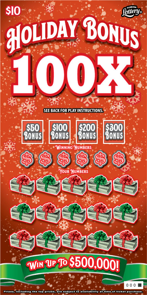 HOLIDAY BONUS 100X scratch-off from Florida Lottery