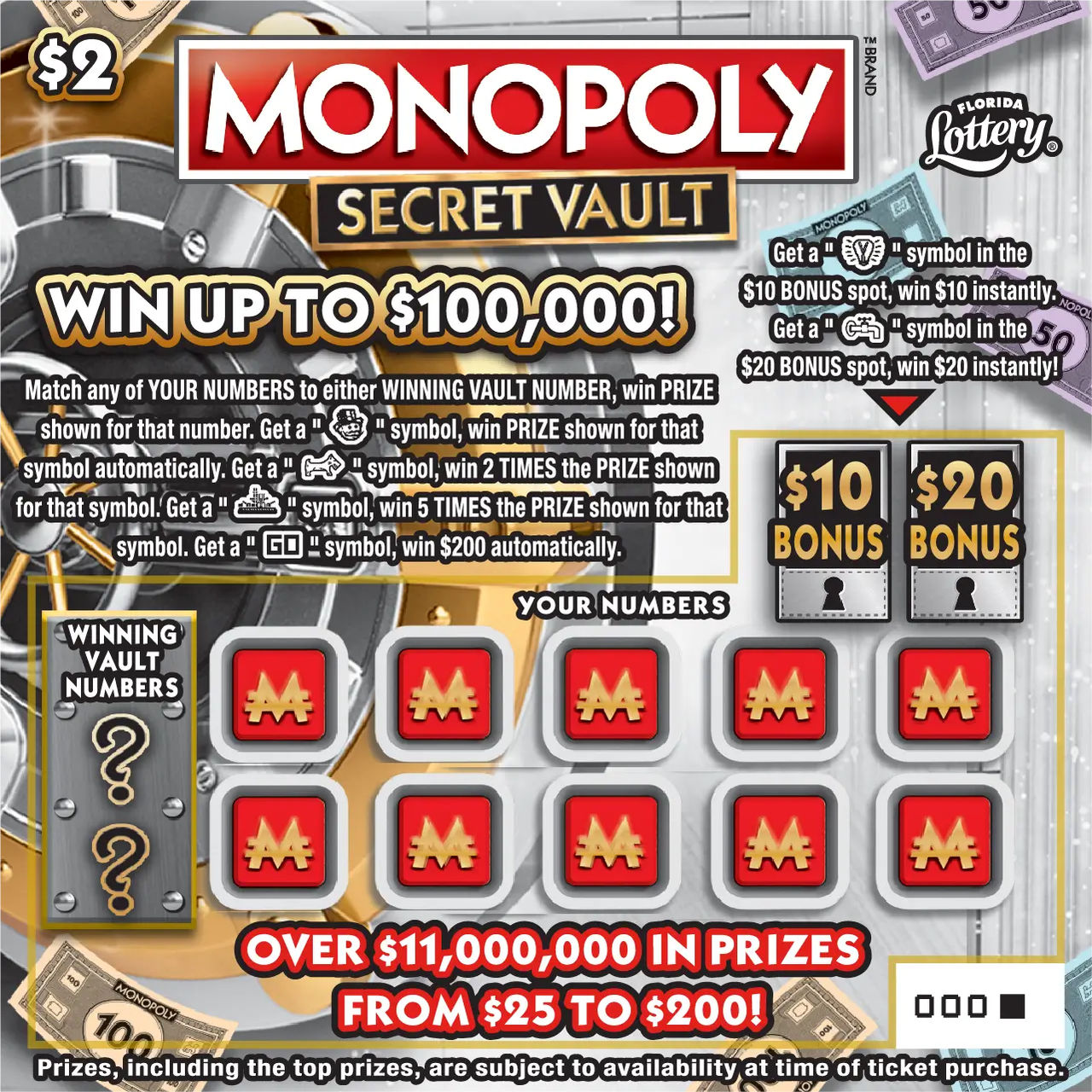 FL Lottery - MONOPOLY™ SECRET VAULT (#1566) - scratch off odds